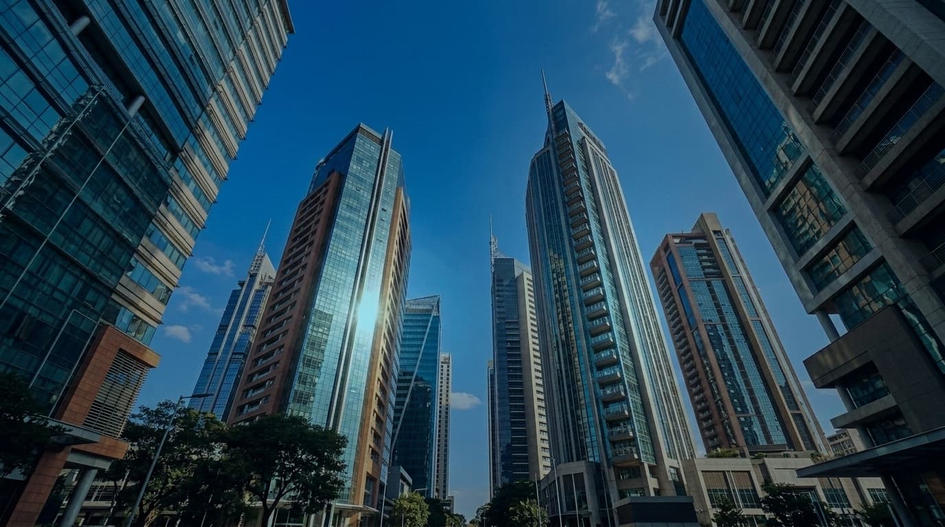 Modern city skyline of glass towers